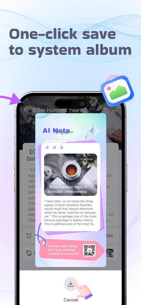InstaWrite AI app interface showing the one-click save to system album feature for digital notes.
