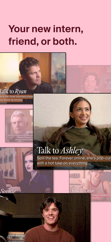 PALs by Tavus: AI Companions - A variety of AI companions in video call frames from the PALs by Tavus app.