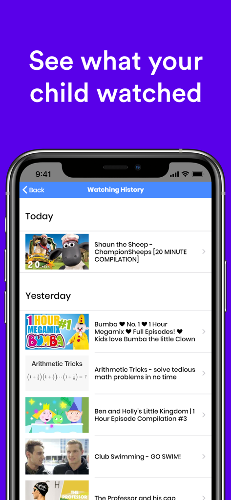 Safe Vision Kids for YouTube - Pantalla de la aplicación móvil mostrando una lista detallada de videos vistos por un niño para monitoreo parental.