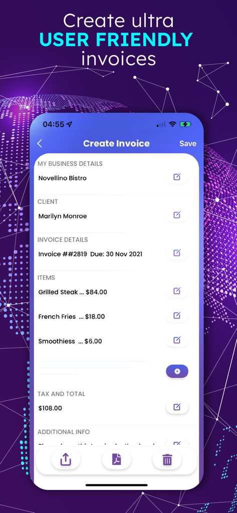 Invoice Maker + Estimate App - Mobile app screen for creating a professional invoice with client details and itemized costs