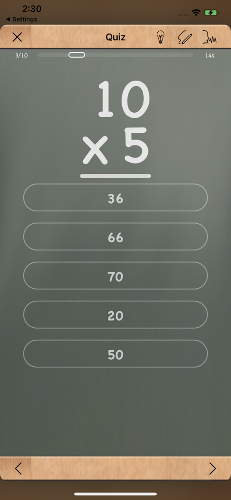 MathBoard - MathBoard multiplication quiz screen featuring a 10 times 5 equation with multiple choice answers.