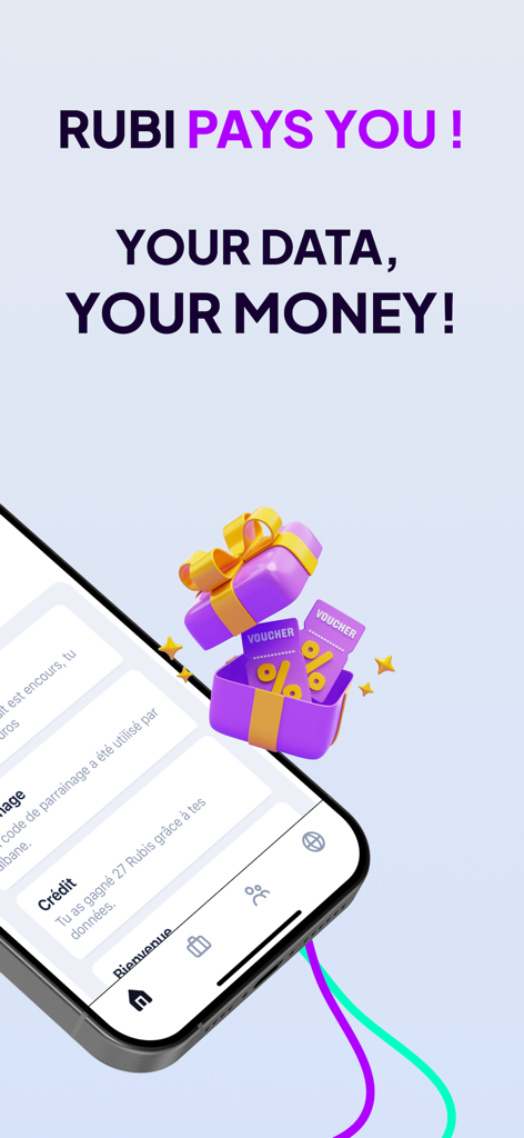 Rubi pays you - Pantalla promocional de la app Rubi con cupones de regalo y lema sobre ganar datos