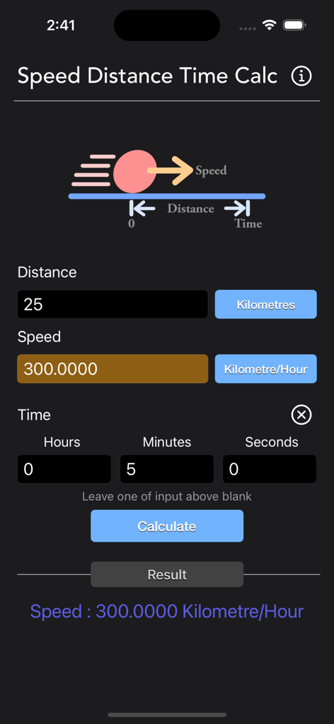 Speed Distance Time Calc - Interface of the Speed Distance Time Calc app displaying distance and speed input fields on a dark background