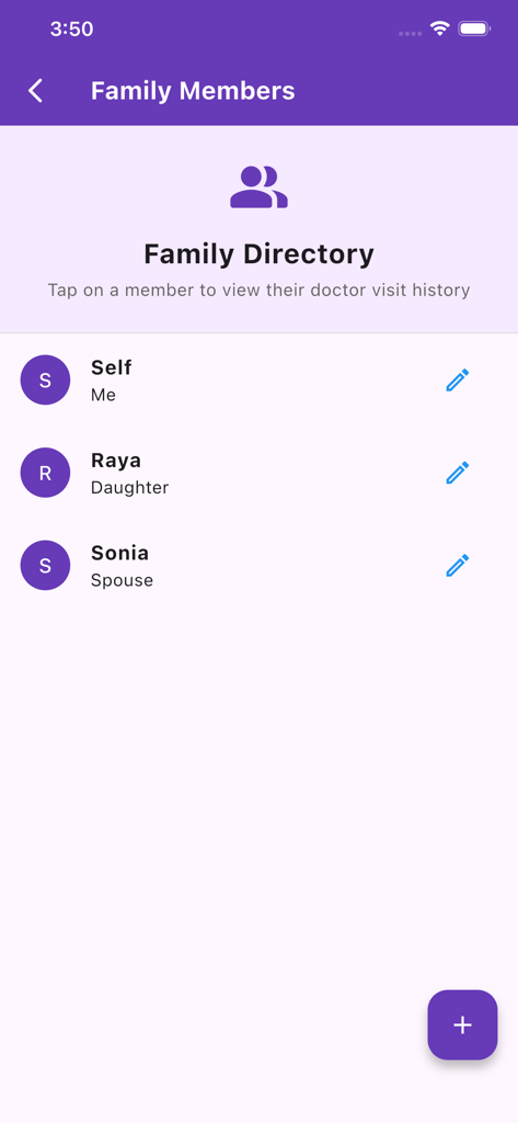 Family members directory screen showing profiles for self daughter and spouse