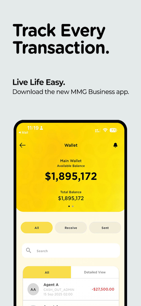 MMGBusiness- Agent & Merchant - MMG Business app wallet screen showing available balance and transaction history list