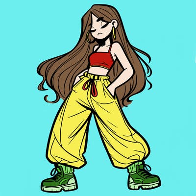 girl in baggy pants crop top and long hair