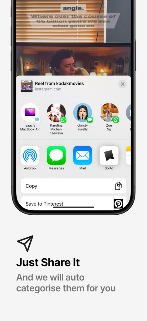 Albo: Save & Organize - A mobile screenshot showing the iOS share sheet being used to save an Instagram Reel to the Albo app for automatic categorization
