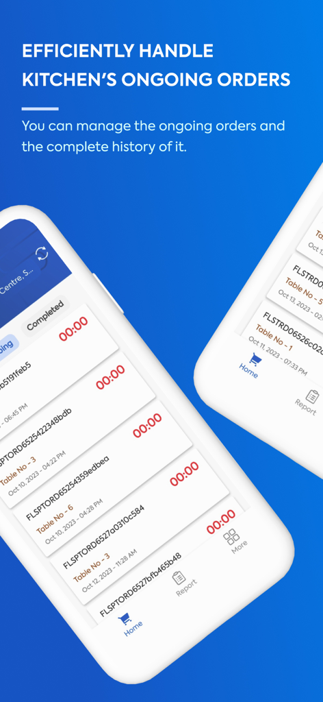 A mobile interface displaying a list of ongoing kitchen orders with table numbers and timestamps.