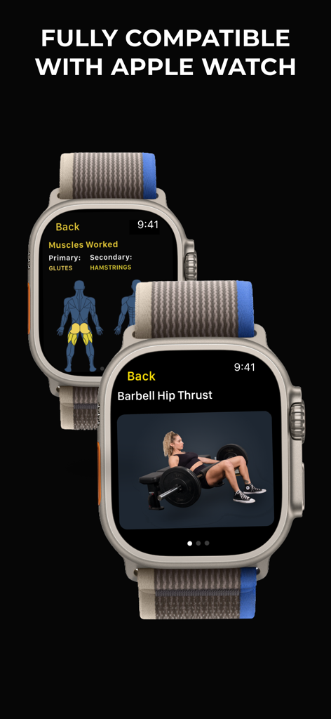 Gymverse app interface on Apple Watch showing muscle groups and exercise video instructions