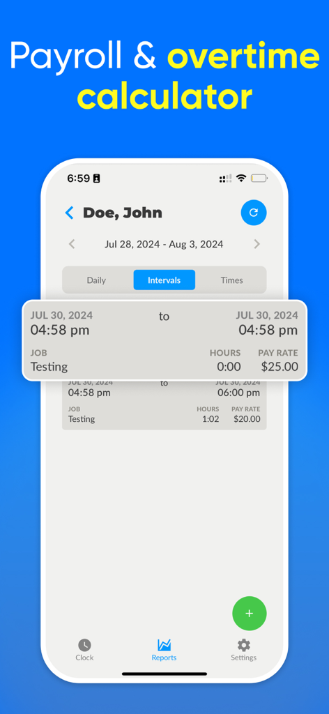 Toolr: Work time clock tracker - Lohn- und Überstundenrechner-Bildschirm der Toolr-App, der Arbeitsstunden und Lohnsätze der Mitarbeiter anzeigt