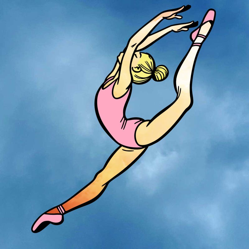 gymnast doing a leap in a leotard with a bent back leg