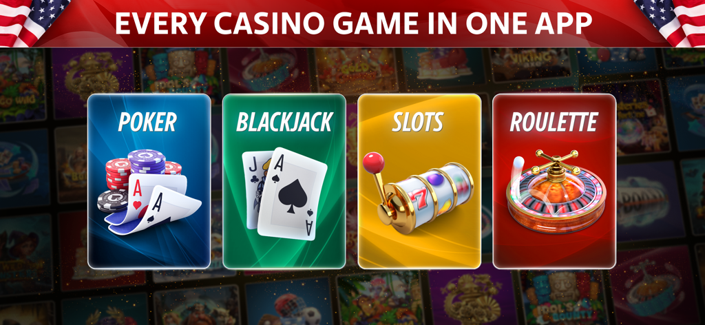 ルーレット〜アプリのポーカー、ブラックジャック、スロット、ルーレットゲームモードが表示された選択画面