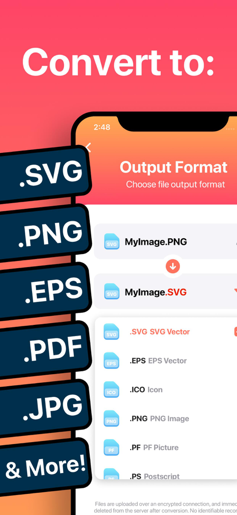 Mobile App-Oberfläche mit Optionen zur Konvertierung von Bildern in Vektorformate wie SVG und EPS