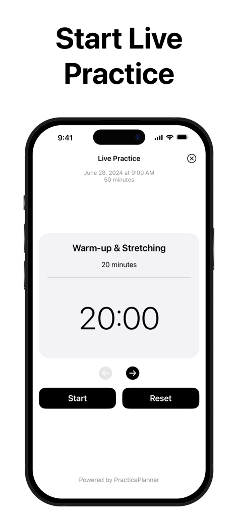 PracticePlanner - Coach Plan - iPhone screen showing the Live Practice feature with a twenty minute countdown timer for warm up and stretching drills