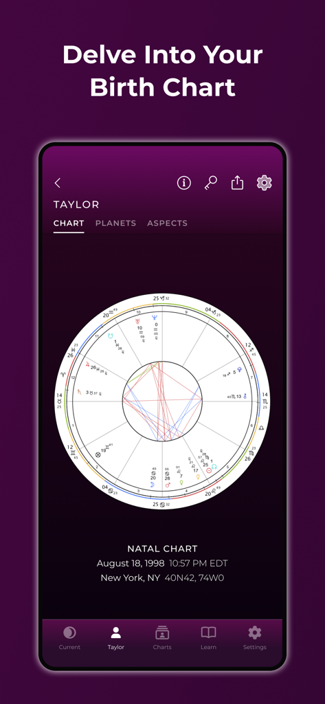 TimePassages Astrology - Una interfaz de aplicación móvil que muestra una detallada carta astrológica natal circular con posiciones y aspectos planetarios.