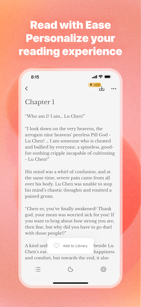 Tapon app interface showing a story chapter with options to personalize the reading experience