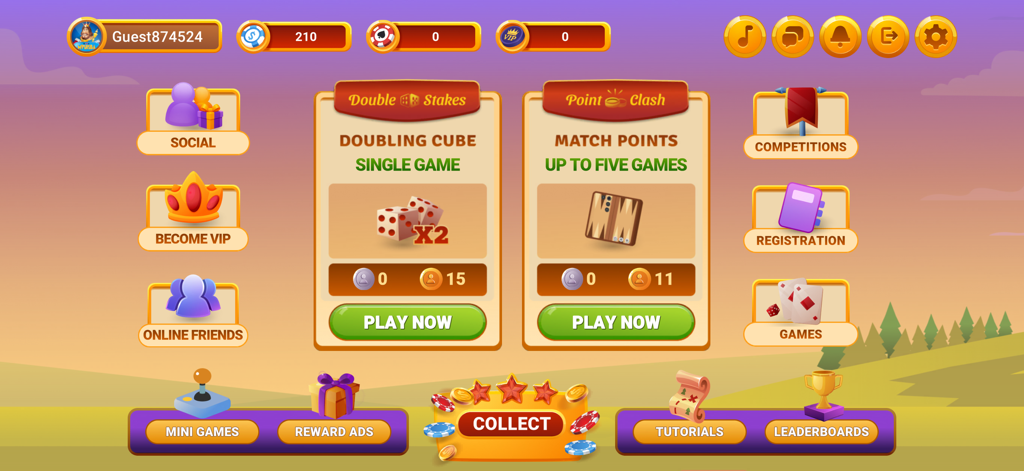 Backgammon Premium: Master - バックギャモンプレミアムマスターのメインメニュー、ダビングキューブとマッチポイントのゲームモードが表示されます