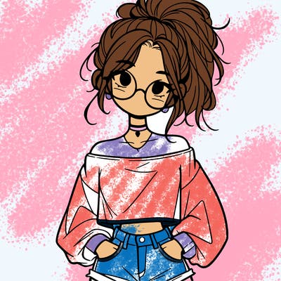girl with a messy ponytail glasses a baggy crop top and jean shorts
