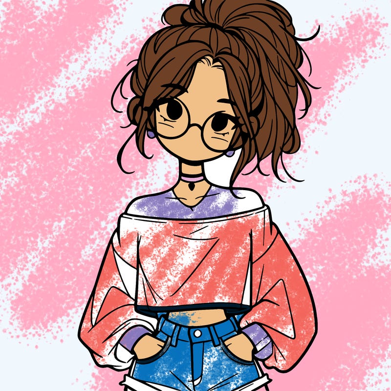 girl with a messy ponytail glasses a baggy crop top and jean shorts