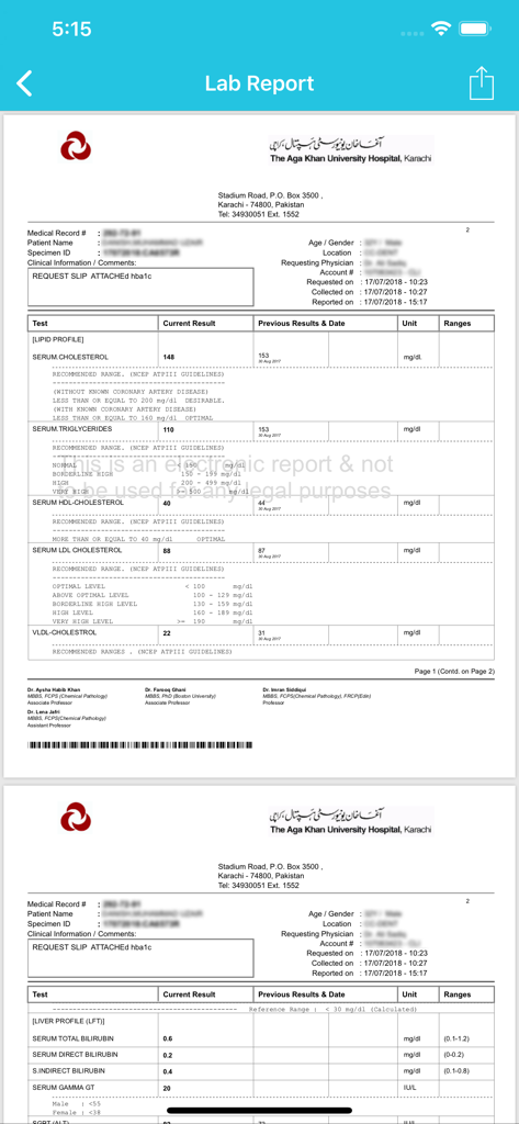 Family Hifazat - A digital lab report from Aga Khan University Hospital showing medical test results on the Family Hifazat app.