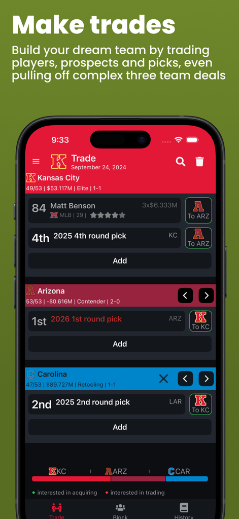Football Legacy Manager 26 - Three team trade screen in Football Legacy Manager 26 showing player and draft pick negotiations.