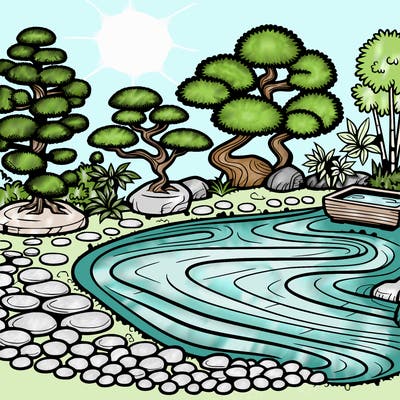 a serene zen garden with raked gravel, bonsai trees, and tranquil ponds