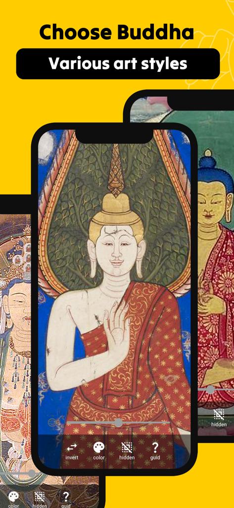 AR Buddha Drawing - Pantalla de smartphone que muestra diferentes estilos de arte budista disponibles para calcar en la aplicación AR Dibujo de Buda
