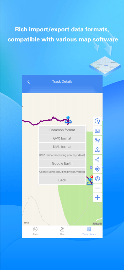 GPX, KML, Google Earth 형식과 같은 데이터 내보내기 옵션을 보여주는 Share Tracks의 모바일 인터페이스는 지도 소프트웨어 호환성을 제공합니다.