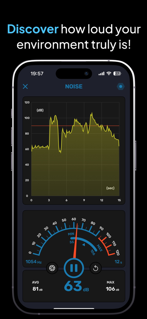SoundBase ° Music Hearmark - Una interfaz de medidor de ruido de decibelios que muestra un gráfico y medidor de nivel de sonido en tiempo real en la app SoundBase.