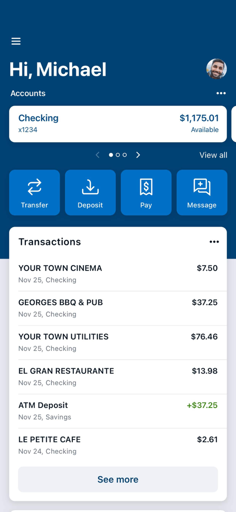 Tinker Federal Credit Union app dashboard showing account balance and recent transactions