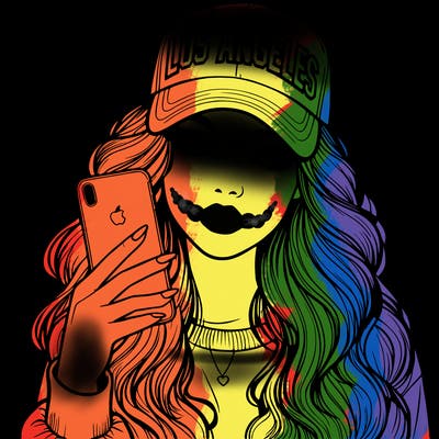 realistic beautiful girl wearing los ángeles cap holding an iphone