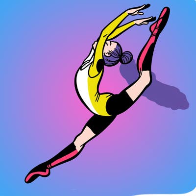 gymnast doing a leap in a leotard with a bent back leg