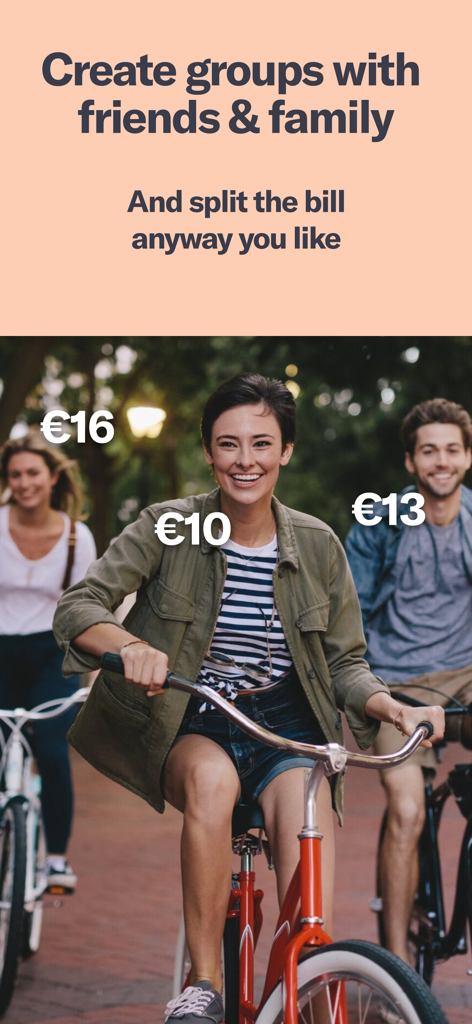 Three friends riding bicycles with overlaying currency amounts showing shared group expenses