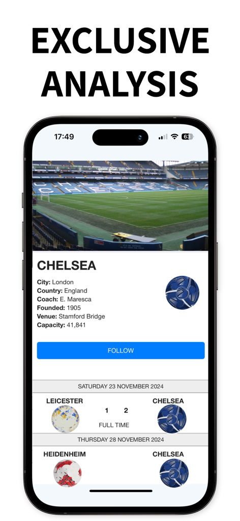 Soccer Scores - A smartphone screen displaying the Chelsea football club profile with team stats and match history.
