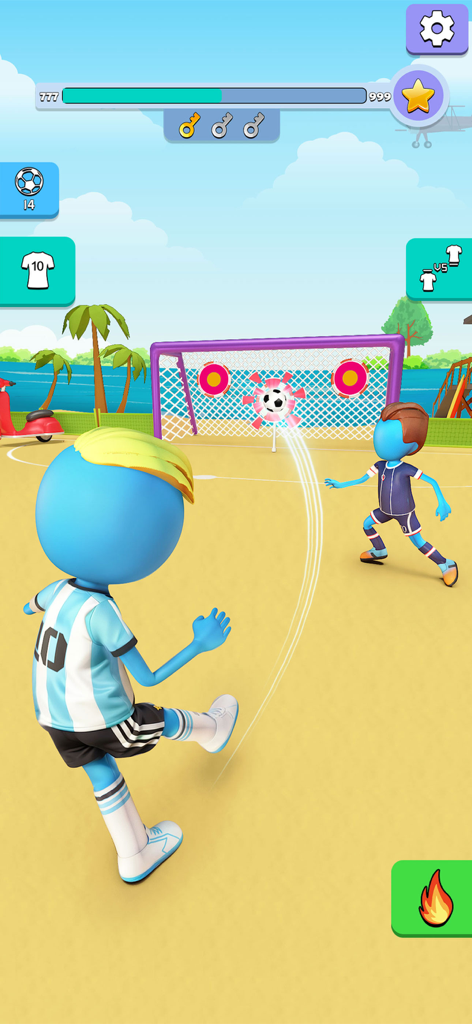 A stylized blue character kicks a soccer ball at a goal with targets in a beach soccer setting.
