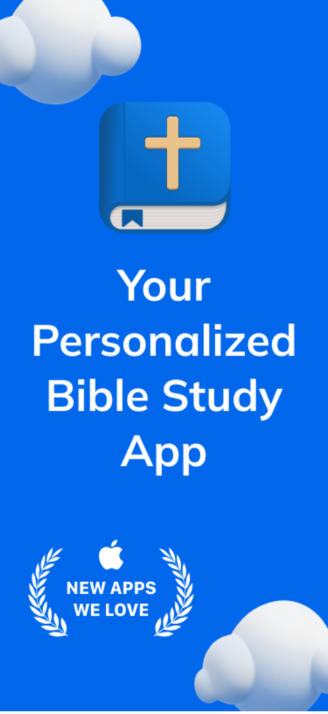 Daily Bible: Chat & Study - Pantalla de bienvenida de la aplicación Biblia Diaria Chat y Estudio con un icono de biblia azul y la insignia Nuevas Aplicaciones Que Amamos