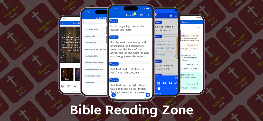 Bible Reading Zone -All In One - Interfaz de la aplicación Bible Reading Zone mostrando múltiples versiones de la Biblia y funciones de lectura en pantallas de móvil.