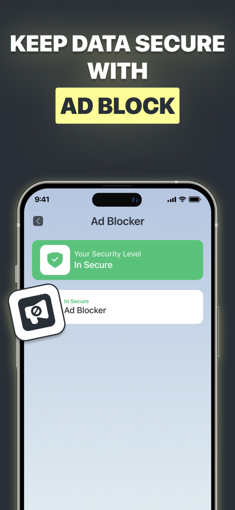 Ad Blocker interface in the SafeStream VPN app showing security status and data protection message