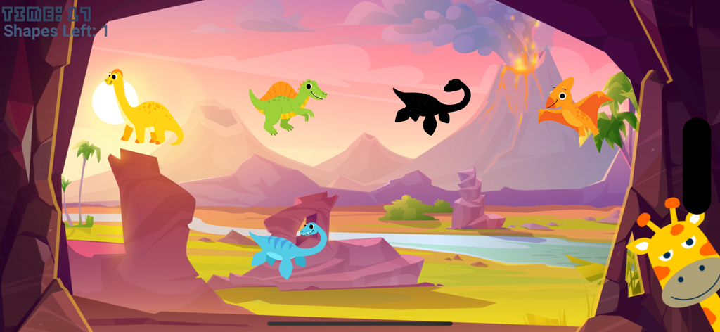 Match Dinos - A colorful screen from Match Dinos showing cartoon dinosaurs and a silhouette puzzle in a prehistoric landscape