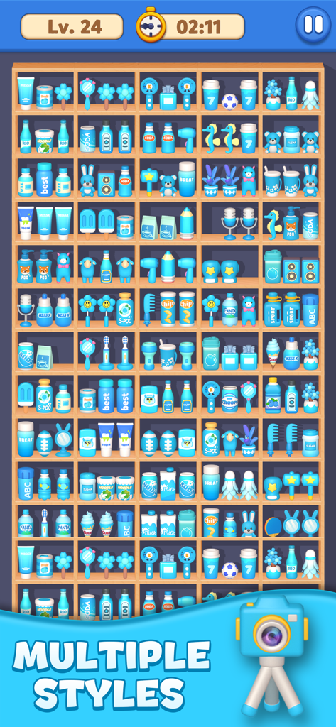 A gameplay screenshot of Sort Mania Goods Master showing a wooden shelf filled with various blue items to sort under a timer and level indicator