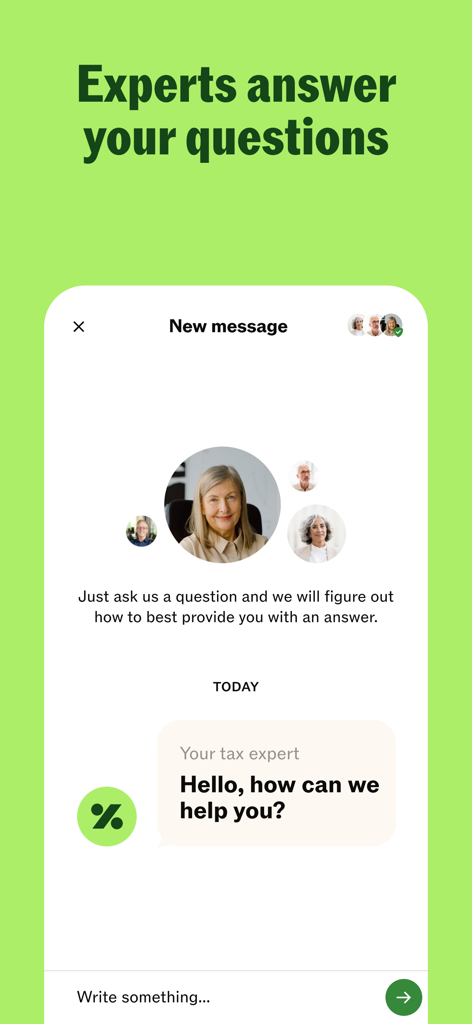Taxfix: Tax return for Germany - Interface de chat móvel no aplicativo Taxfix mostrando uma mensagem de um especialista em impostos