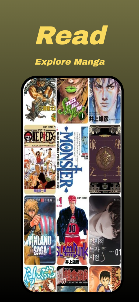 Mihon Manga app screen showing a grid of popular manga covers for exploration and inspiration.