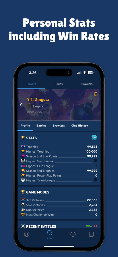 Screenshot of the Brawl Stats app showing a player profile with trophies and win rates