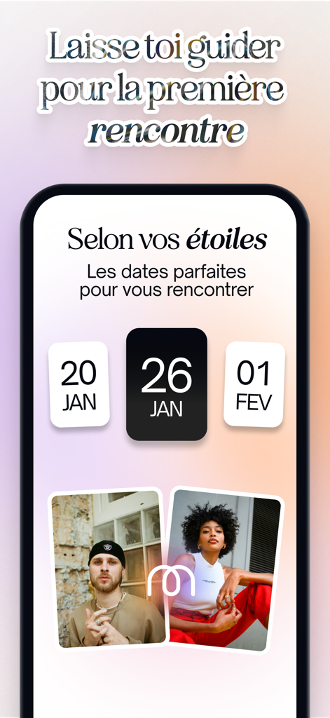 moonz: App de rencontre astro - Interface de l'application moonz montrant un calendrier avec les meilleurs jours pour un premier rendez-vous basé sur l'astrologie.