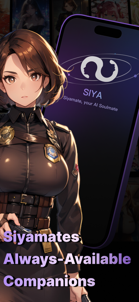 Siya - AI Soulmate - An anime style female character in a uniform next to a smartphone displaying the Siya AI Soulmate logo.