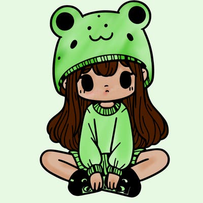 a girl wearing a frog hat and some frog socks