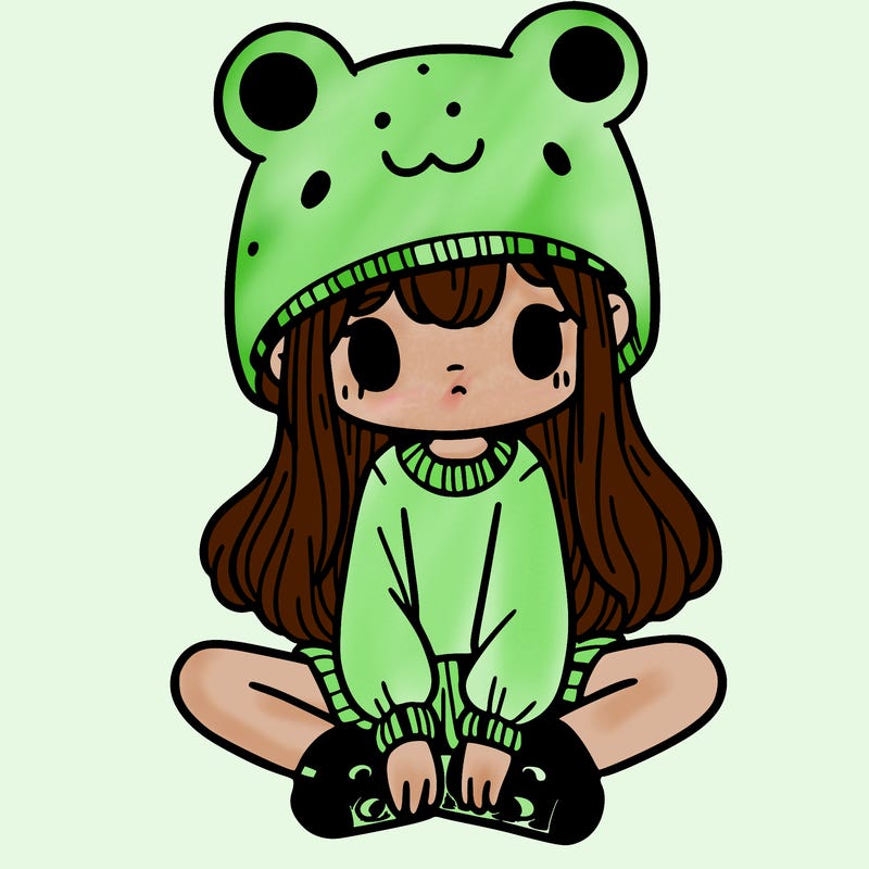 a girl wearing a frog hat and some frog socks
