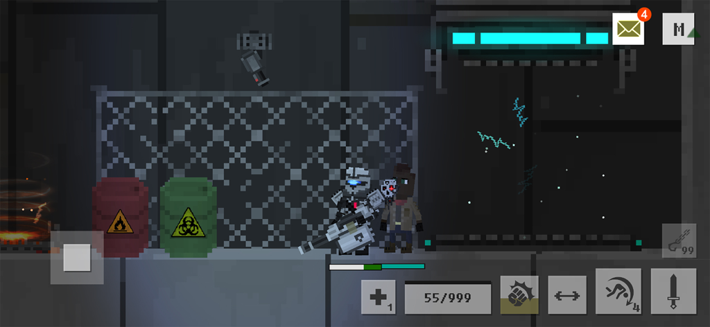 A 2D pixel art action RPG scene with a character in mechanical armor holding a large gun near toxic barrels