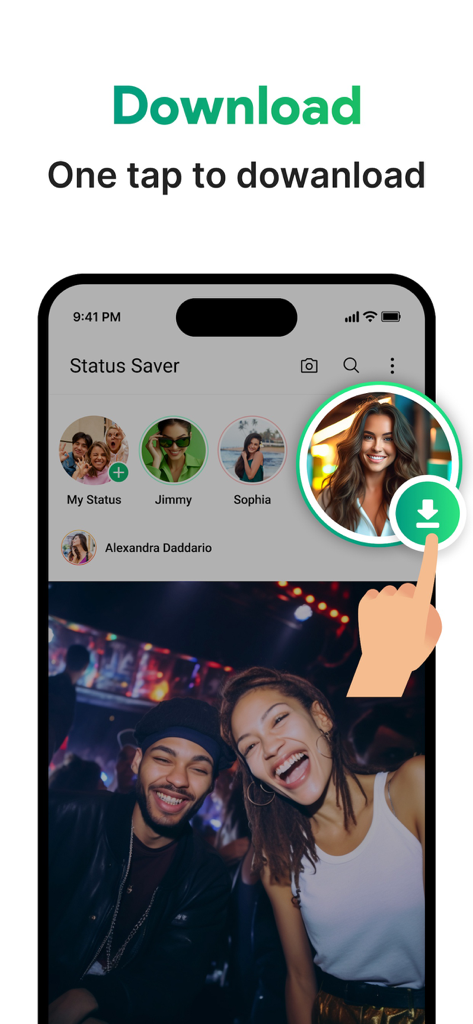 Story Saver app showing one tap download for social media status