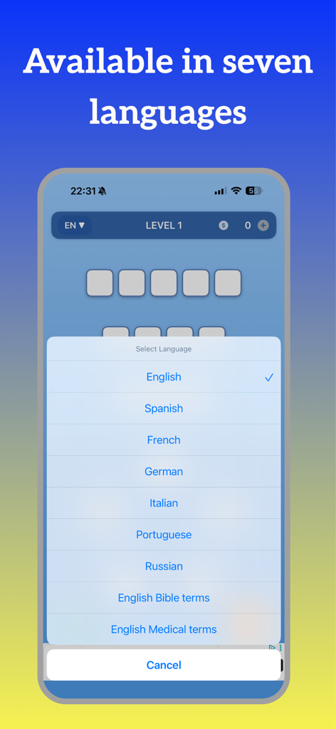 Menu de seleção de idioma no aplicativo Word Chips mostrando sete opções de idioma, juntamente com pacotes de terminologia médica e bíblica especializada.